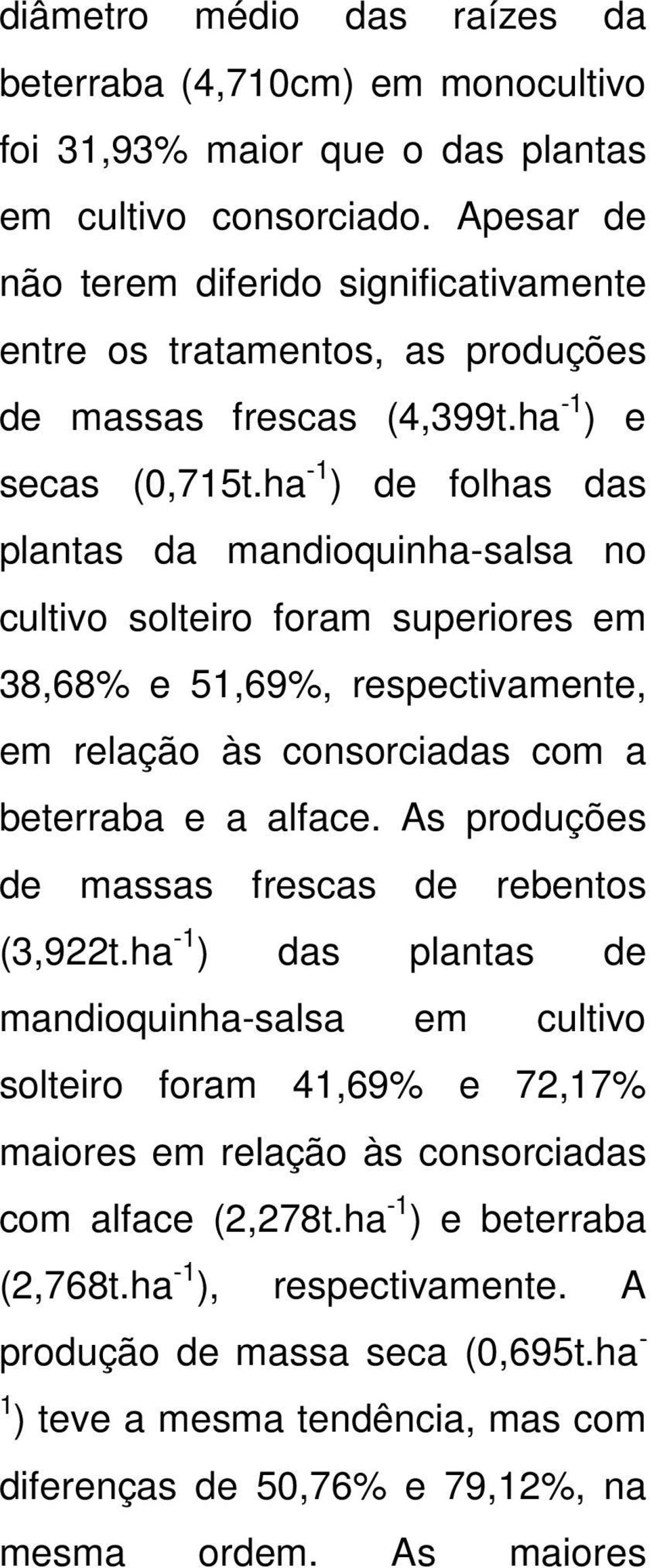 ha -1 ) de folhas das plantas da mandioquinha-salsa no cultivo solteiro foram superiores em 38,68% e 51,69%, respectivamente, em relação às consorciadas com a beterraba e a alface.