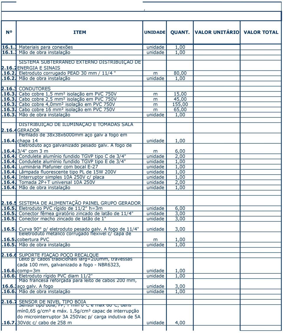 16.3.4Cabo cobre 16 mm² isolação em PVC 750V m 65,00 2.16.3.5Mão de obra instalação unidade 1,00 DISTRIBUIÇÃO DE ILUMINAÇÃO E TOMADAS SALA 2.16.4GERADOR Perfilado de 38x38x6000mm aço galv a fogo em 2.