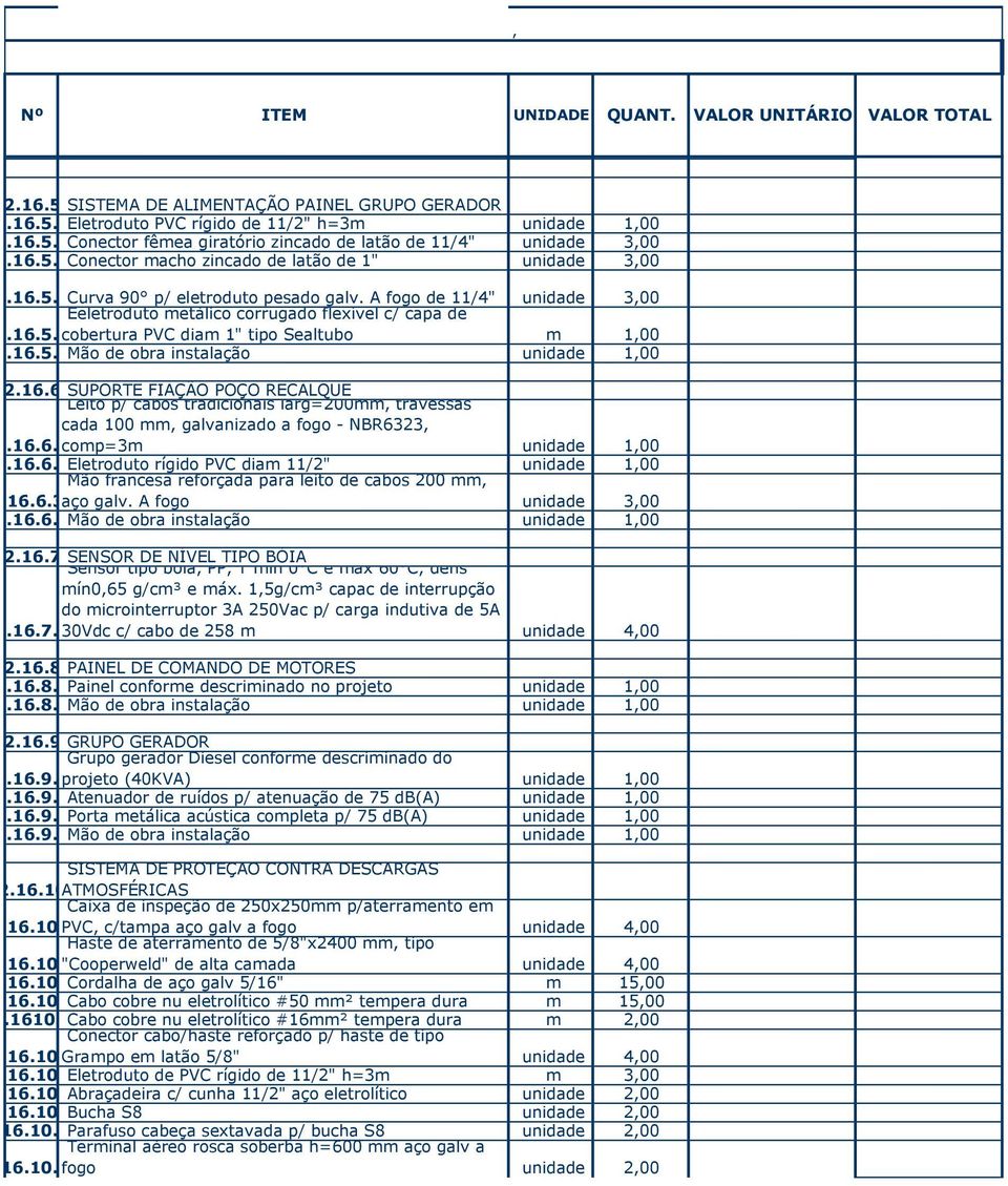 16.6 SUPORTE FIAÇÃO POÇO RECALQUE Leito p/ cabos tradicionais larg=200mm, travessas cada 100 mm, galvanizado a fogo - NBR6323, 2.16.6.1comp=3m unidade 1,00 2.16.6.2Eletroduto rígido PVC diam 11/2" unidade 1,00 Mão francesa reforçada para leito de cabos 200 mm, 2.