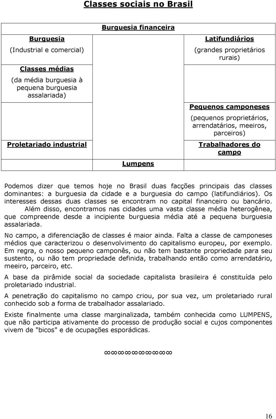 das classes dominantes: a burguesia da cidade e a burguesia do campo (latifundiários). Os interesses dessas duas classes se encontram no capital financeiro ou bancário.