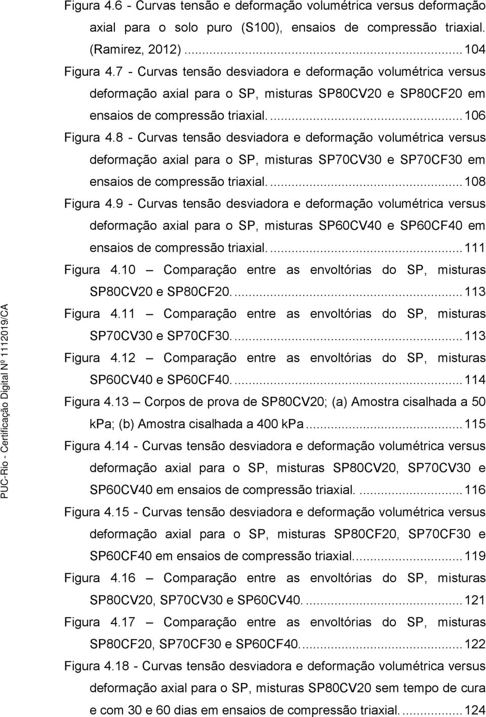 8 - Curvas tensão desviadora e deformação volumétrica versus deformação axial para o SP, misturas SP70CV30 e SP70CF30 em ensaios de compressão triaxial.... 108 Figura 4.