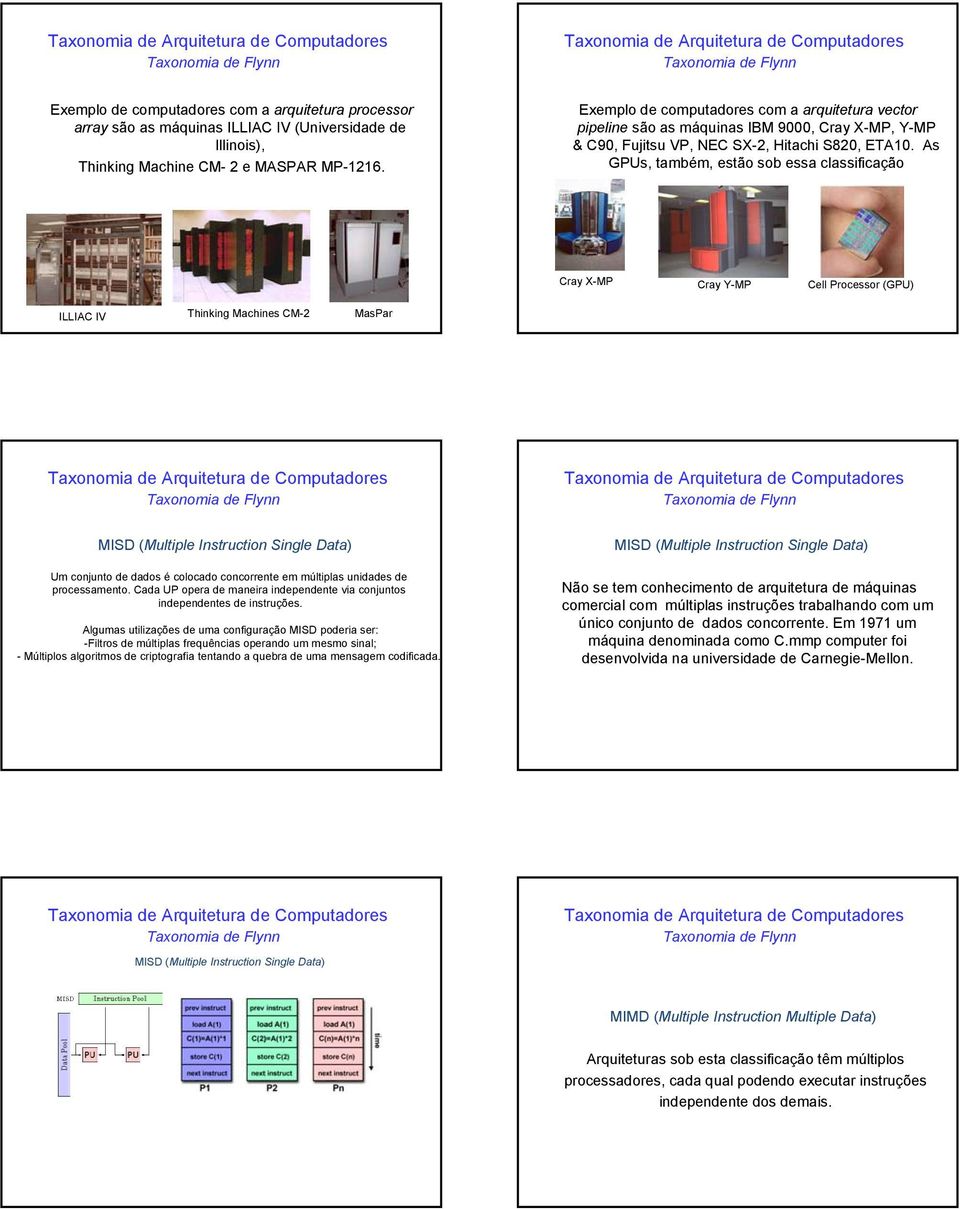 Exemplo de computadores com a arquitetura vector pipeline são as máquinas IBM 9000, Cray X-M, Y-M & C90, Fujitsu V, NEC SX-2, Hitachi S820, ETA10.