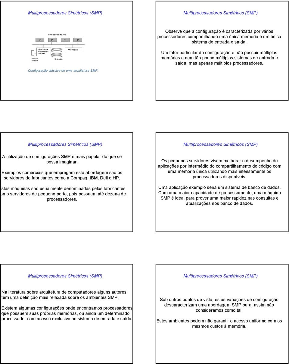 Um fator particular da configuração é não possuir múltiplas memórias e nem tão pouco múltiplos sistemas de entrada e saída, mas apenas múltiplos processadores.