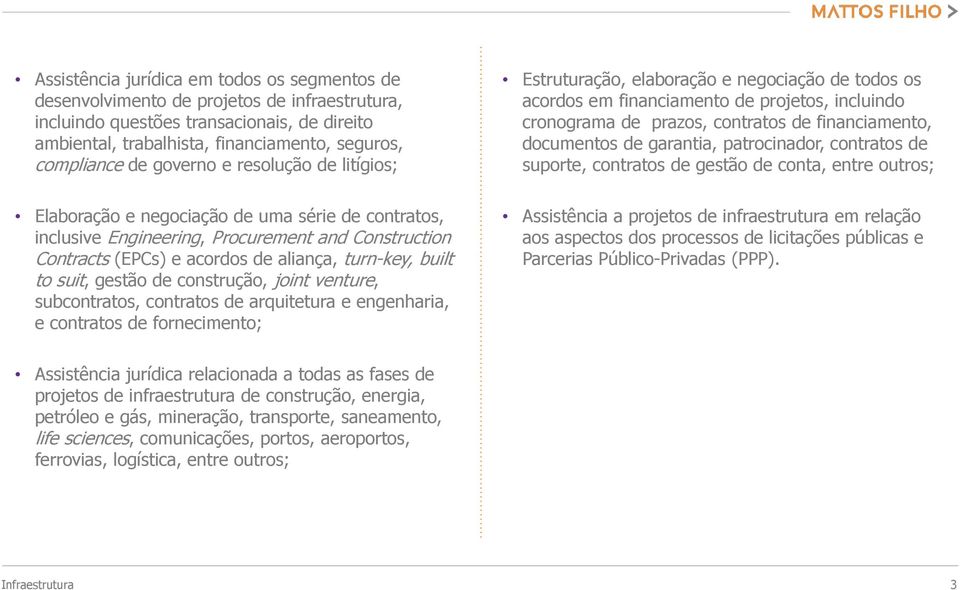 gestão de construção, joint venture, subcontratos, contratos de arquitetura e engenharia, e contratos de fornecimento; Estruturação, elaboração e negociação de todos os acordos em financiamento de