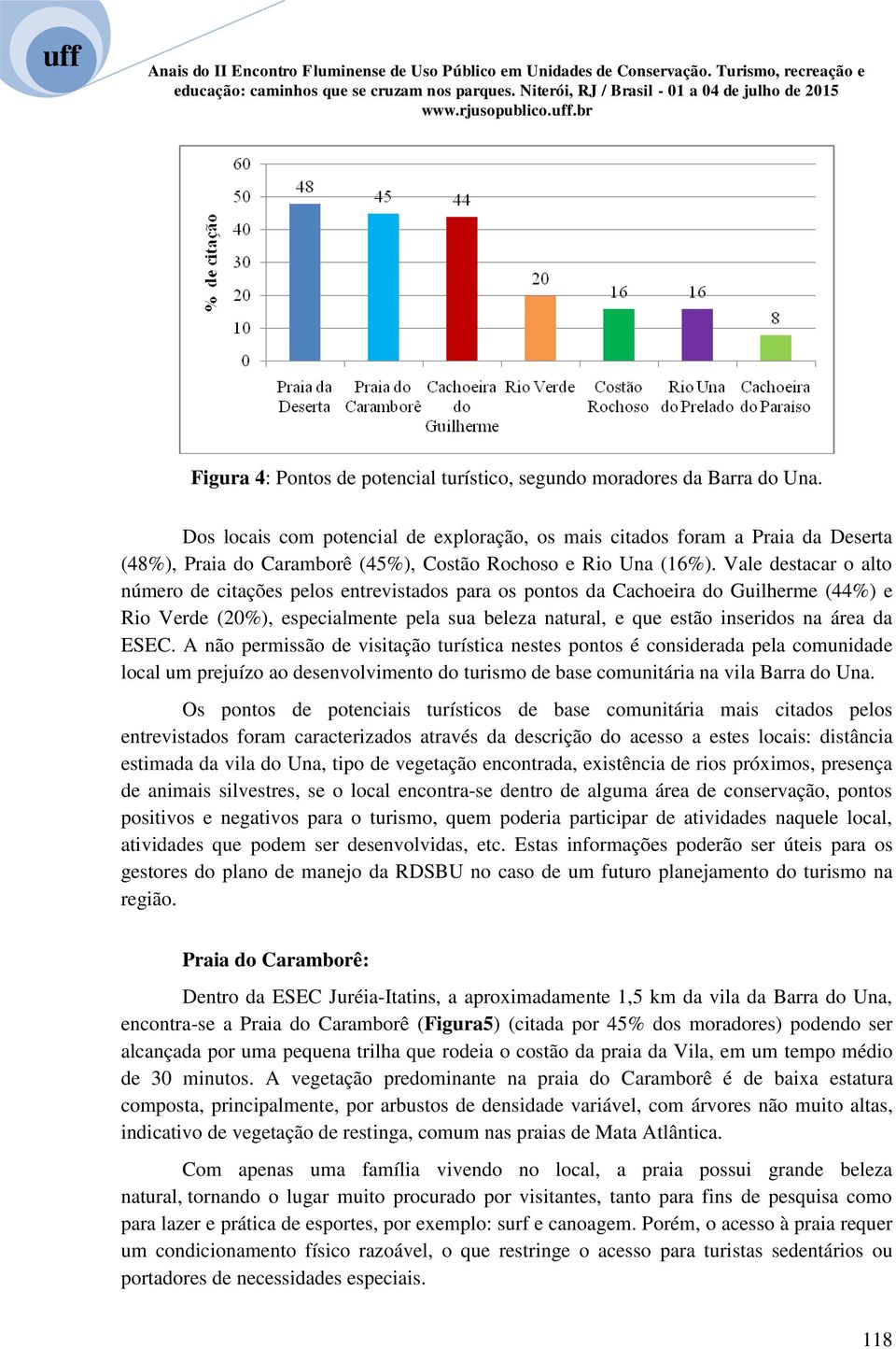 Vale destacar o alto número de citações pelos entrevistados para os pontos da Cachoeira do Guilherme (44%) e Rio Verde (20%), especialmente pela sua beleza natural, e que estão inseridos na área da