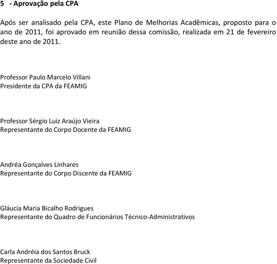 Professor Paulo Marcelo Villani Presidente da CPA da FEAMIG Professor Sérgio Luiz Araújo Vieira Representante do Corpo Docente da FEAMIG