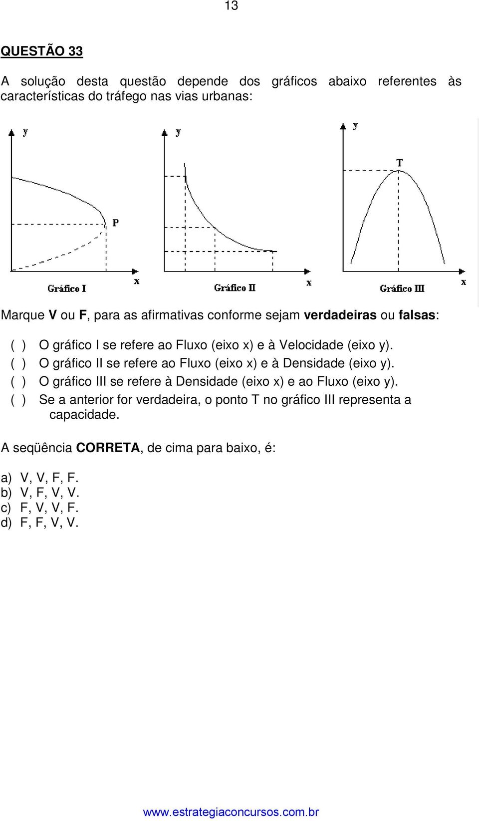 ( ) O gráfico II se refere ao Fluxo (eixo x) e à Densidade (eixo y). ( ) O gráfico III se refere à Densidade (eixo x) e ao Fluxo (eixo y).