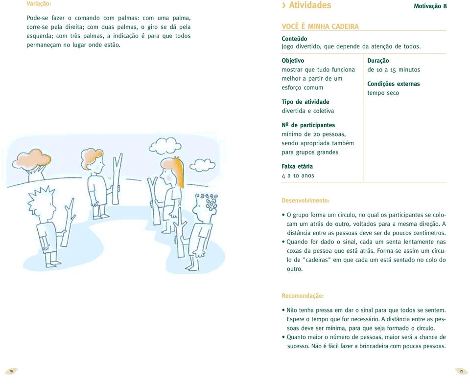 mostrar que tudo funciona melhor a partir de um esforço comum divertida e coletiva de 10 a 15 minutos tempo seco mínimo de 20 pessoas, sendo apropriada também para grupos grandes 4 a 10 anos O grupo