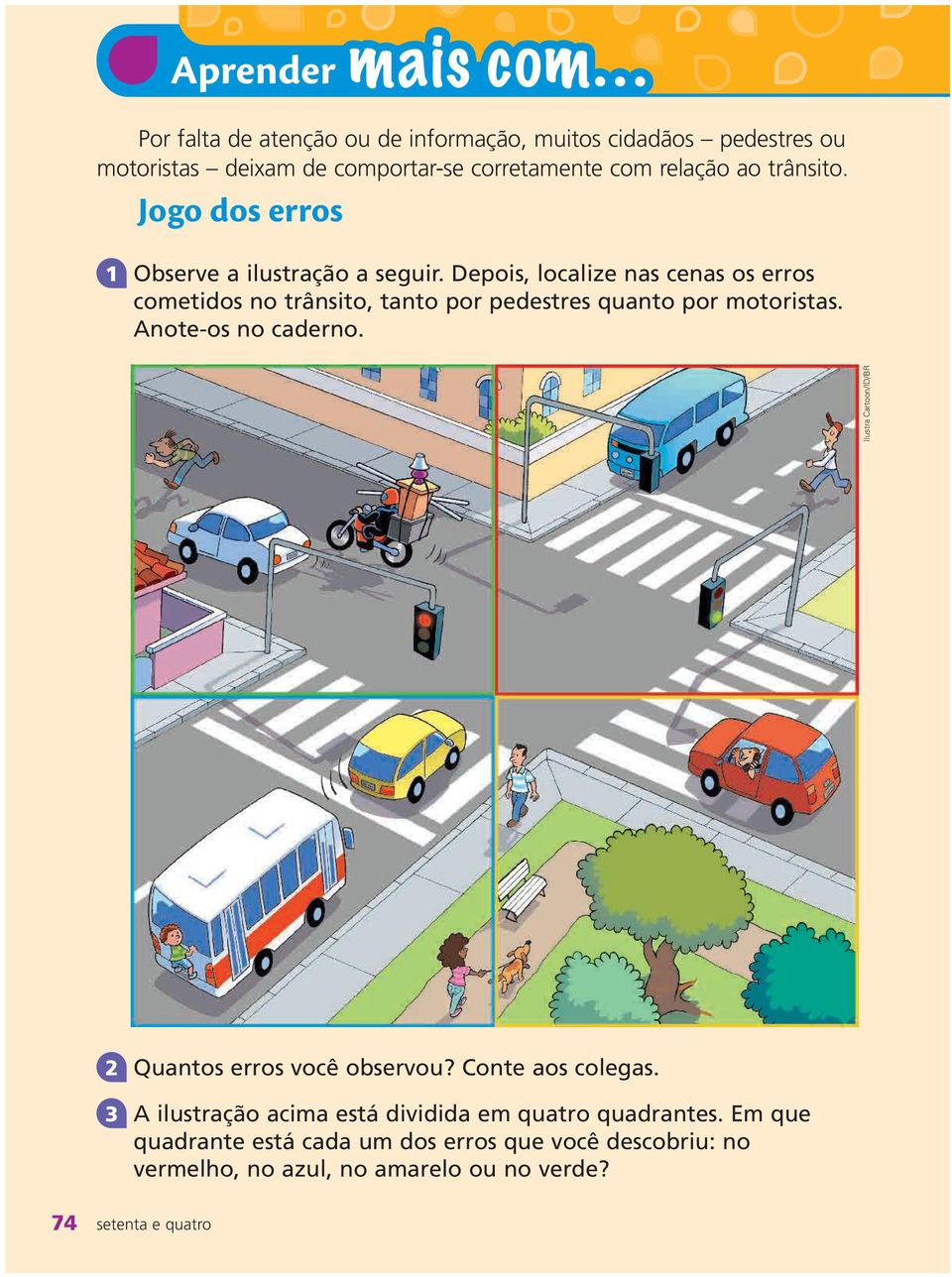 Depois, localize nas cenas os erros cometidos no trânsito, tanto por pedestres quanto por motoristas. Anote-os no caderno.