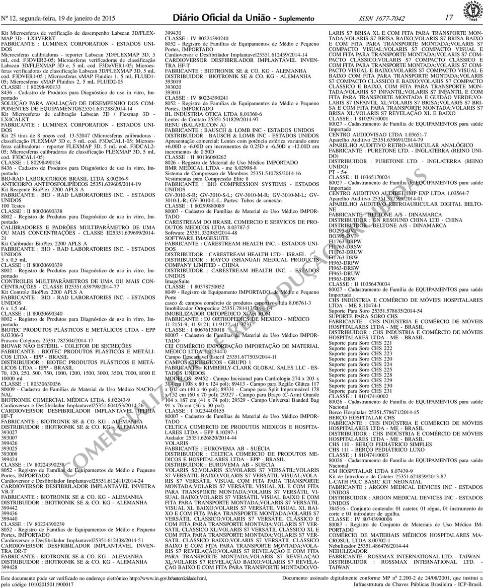 de classificação Labscan 3D/FLEXMAP 3D, 5 ml cod F3DVER1-05 ; Microesferas xmap Fluidics 1, 5 ml FLUID1-05; Microesferas xmap Fluidics 2, 5 ml FLUID2-05 CLASSE : I 80298490133 8436 - Cadastro de
