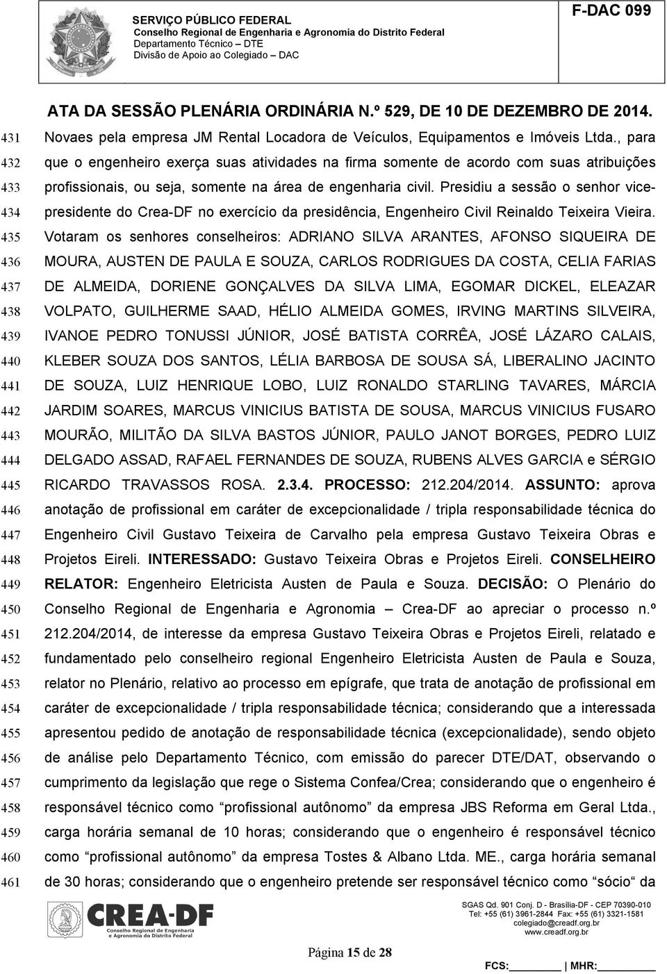 Presidiu a sessão o senhor vicepresidente do Crea-DF no exercício da presidência, Engenheiro Civil Reinaldo Teixeira Vieira.