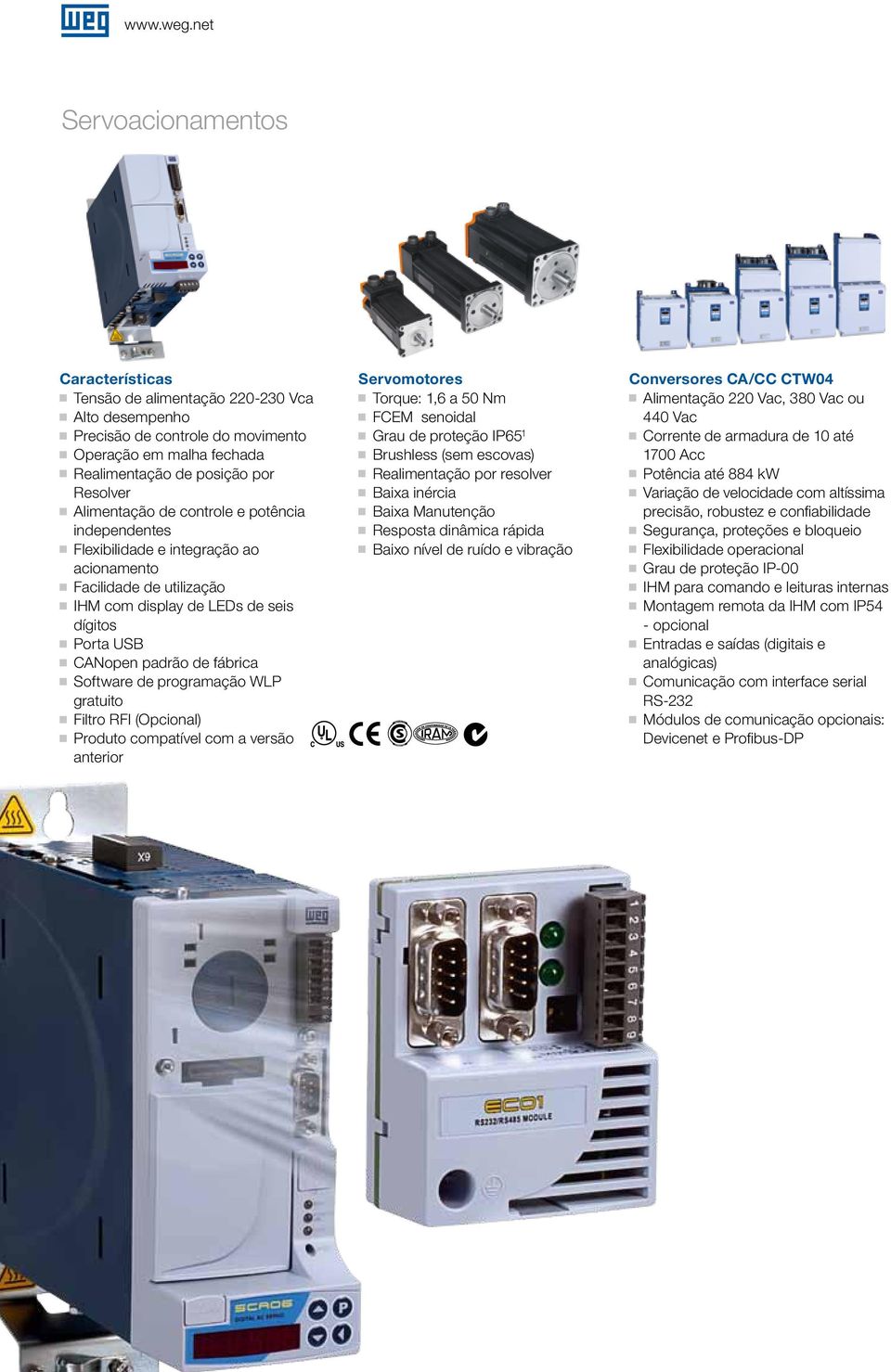 de controle e potência independentes Flexibilidade e interação ao acionamento Facilidade de utilização IHM com display de LEDs de seis díitos Porta USB CANopen padrão de fábrica Software de