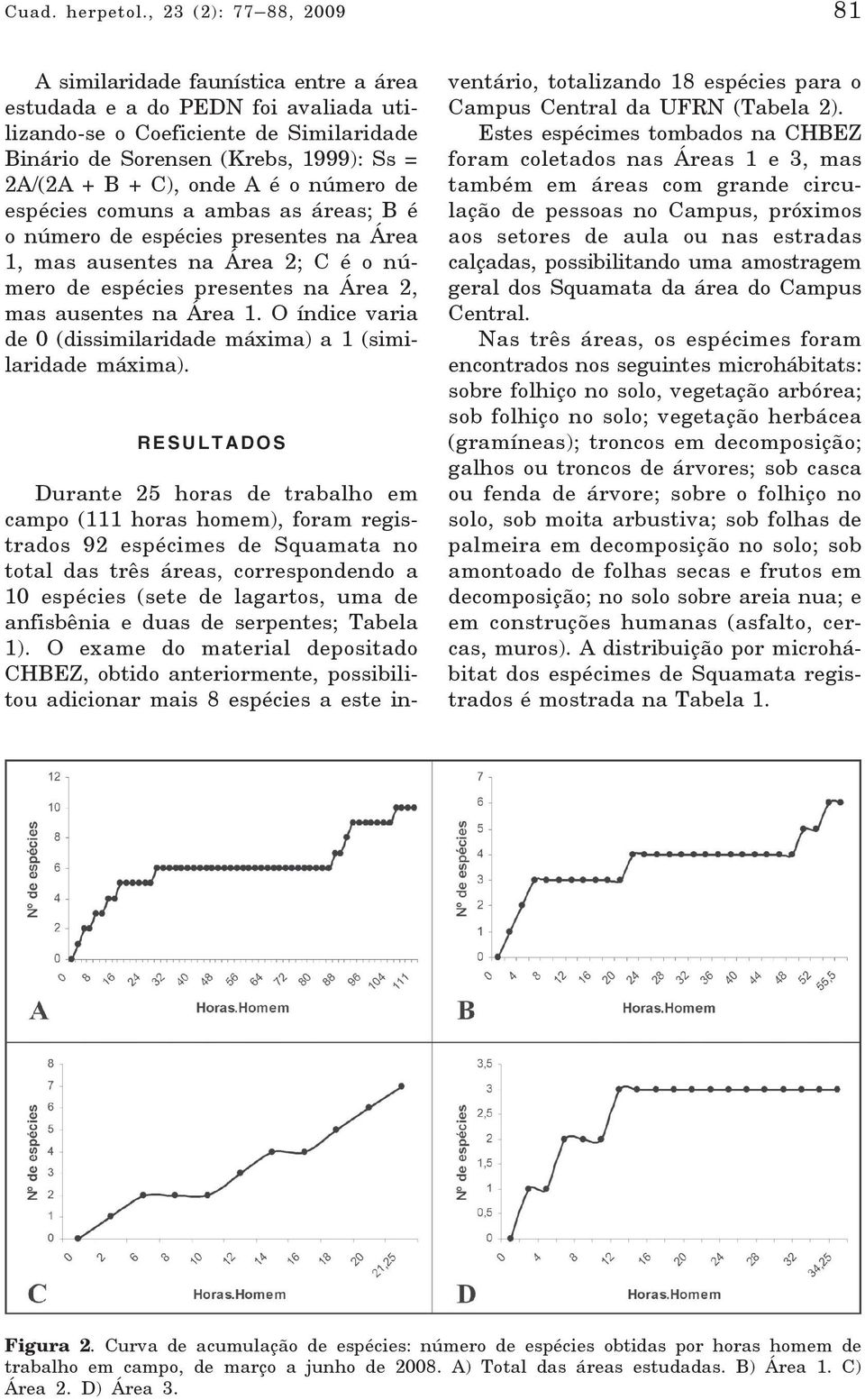 onde A é o número de espécies comuns a ambas as áreas; B é o número de espécies presentes na Área 1, mas ausentes na Área 2; C é o número de espécies presentes na Área 2, mas ausentes na Área 1.