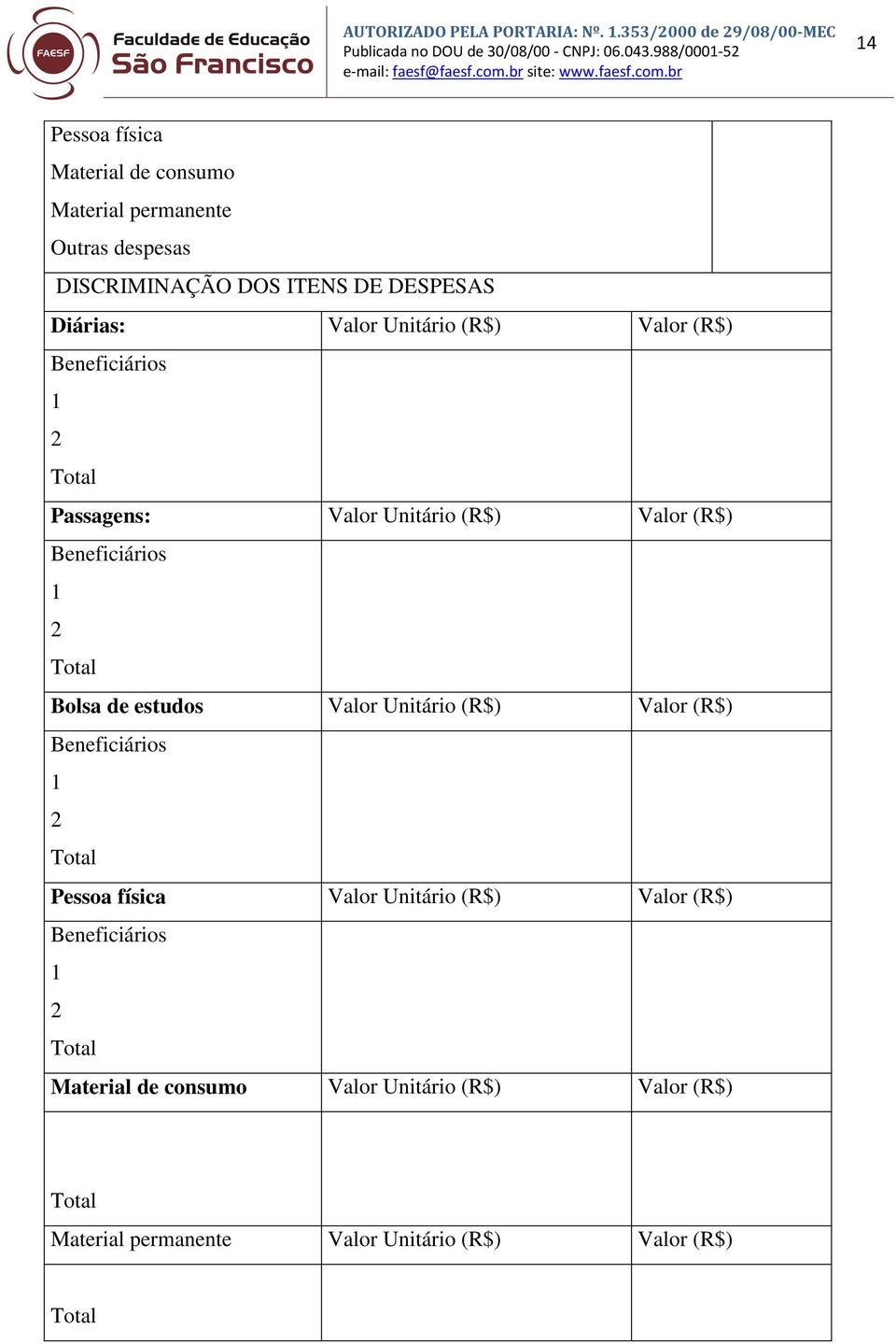 estudos Valor Unitário (R$) Valor (R$) Beneficiários 1 2 Total Pessoa física Valor Unitário (R$) Valor (R$) Beneficiários 1