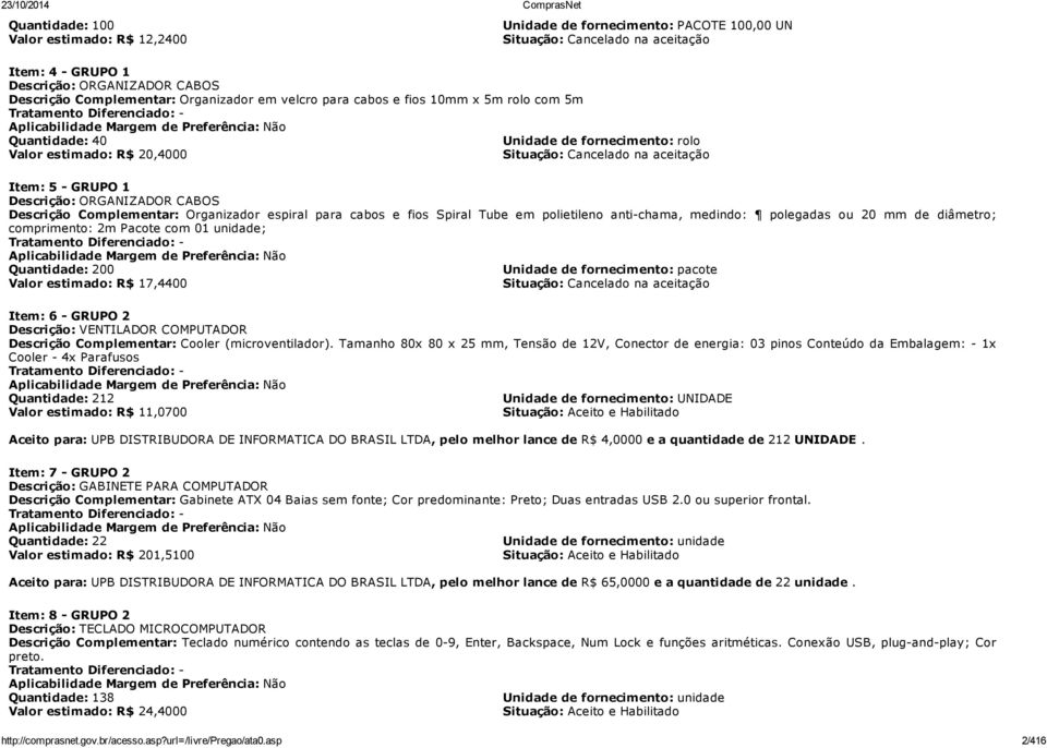 20,4000 Situação: Cancelado na aceitação Item: 5 - GRUPO 1 Descrição: ORGANIZADOR CABOS Descrição Complementar: Organizador espiral para cabos e fios Spiral Tube em polietileno anti-chama, medindo: