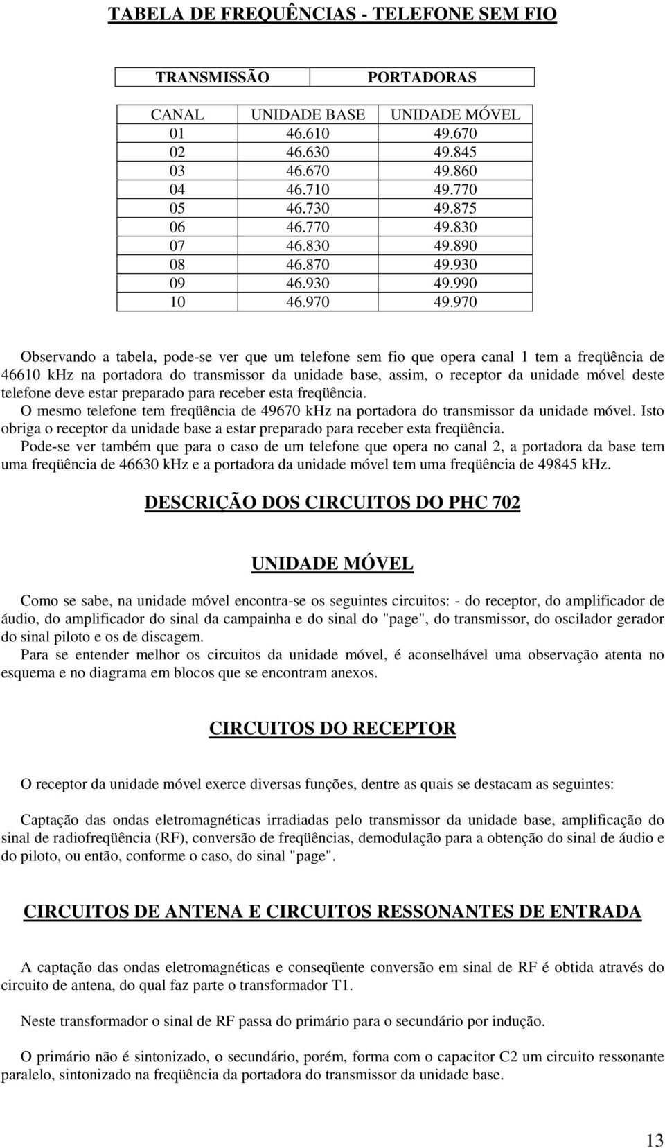 970 Observando a tabela, pode-se ver que um telefone sem fio que opera canal 1 tem a freqüência de 46610 khz na portadora do transmissor da unidade base, assim, o receptor da unidade móvel deste