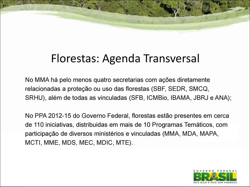 2012-15 do Governo Federal, florestas estão presentes em cerca de 110 iniciativas, distribuidas em mais de 10