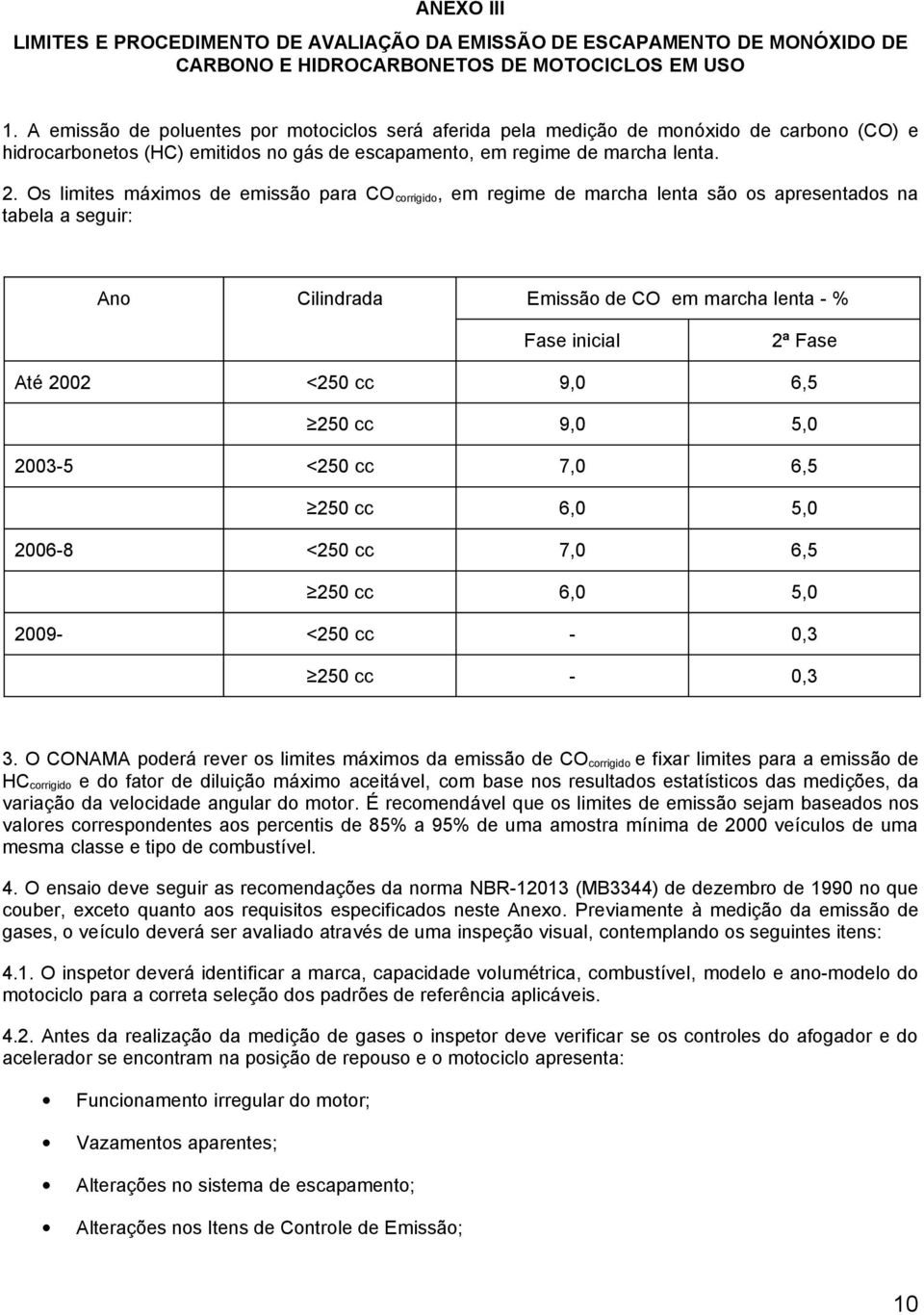 Os limites máximos de emissão para CO corrigido, em regime de marcha lenta são os apresentados na tabela a seguir: Ano Cilindrada Emissão de CO em marcha lenta - % Fase inicial 2ª Fase Até 2002 <250