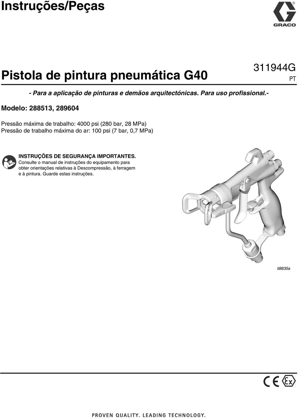 - Modelo: 288513, 289604 Pressão máxima de trabalho: 4000 psi (280 bar, 28 MPa) Pressão de trabalho máxima do ar: 100