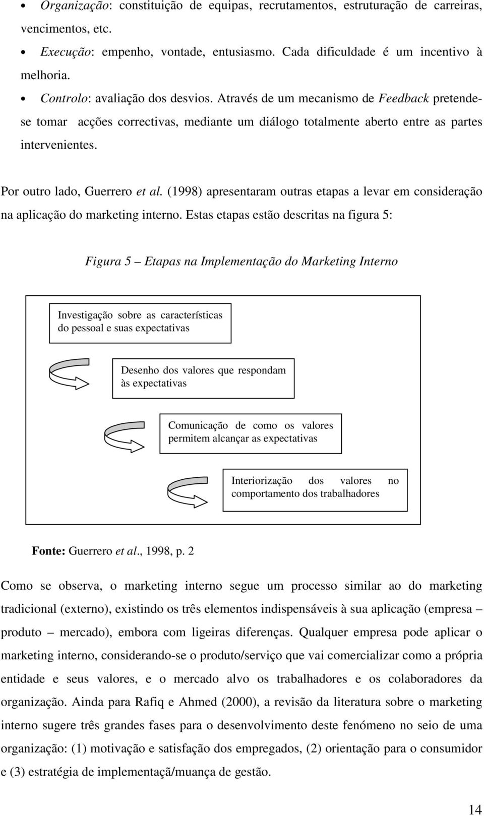 Por outro lado, Guerrero et al. (1998) apresentaram outras etapas a levar em consideração na aplicação do marketing interno.