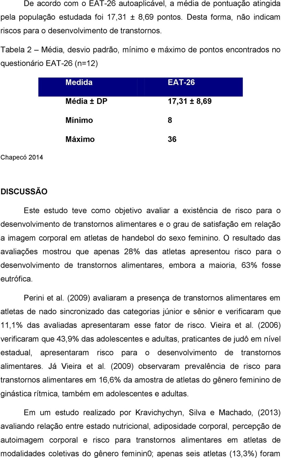 como objetivo avaliar a existência de risco para o desenvolvimento de transtornos alimentares e o grau de satisfação em relação a imagem corporal em atletas de handebol do sexo feminino.