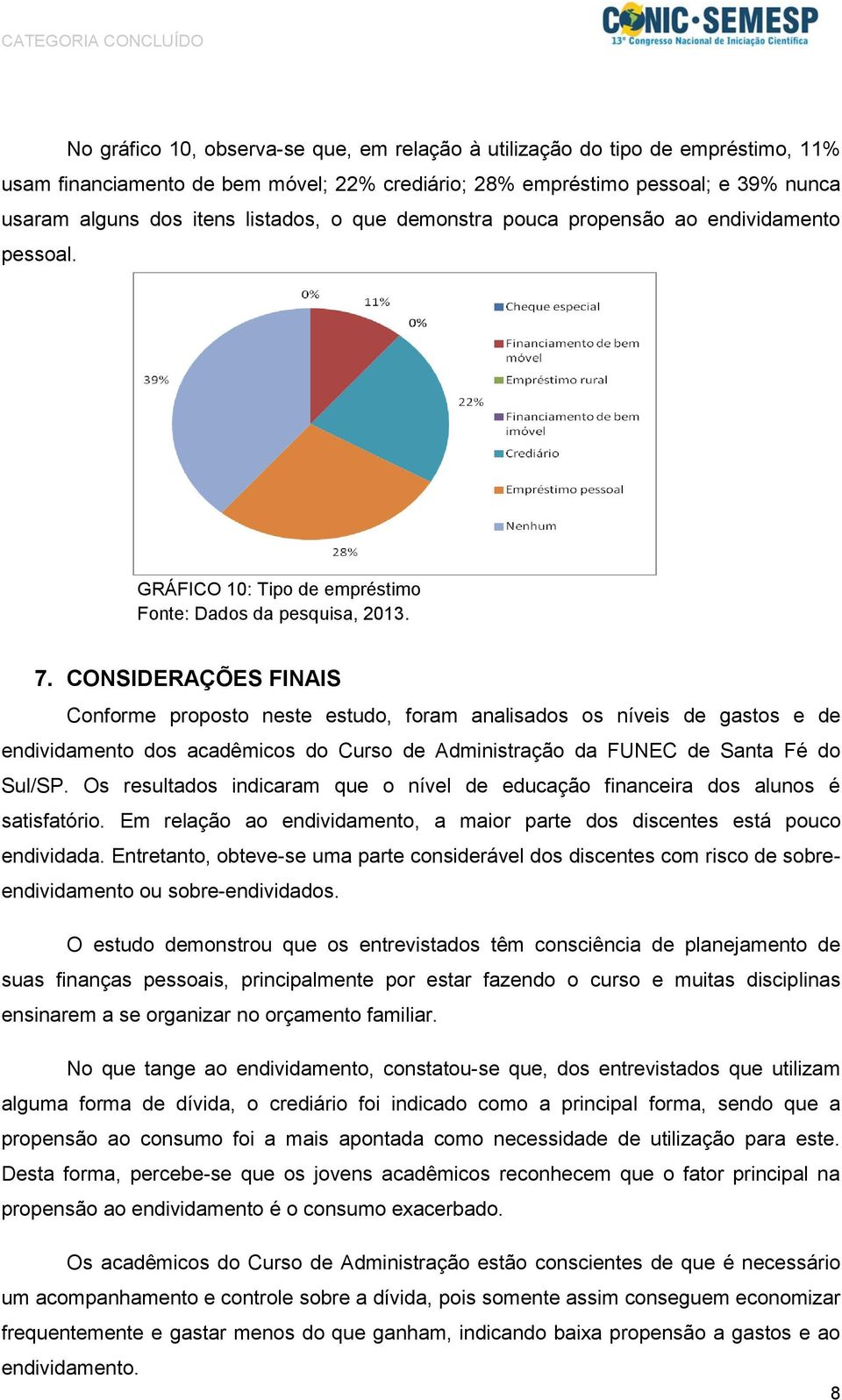 CONSIDERAÇÕES FINAIS Conforme proposto neste estudo, foram analisados os níveis de gastos e de endividamento dos acadêmicos do Curso de Administração da FUNEC de Santa Fé do Sul/SP.
