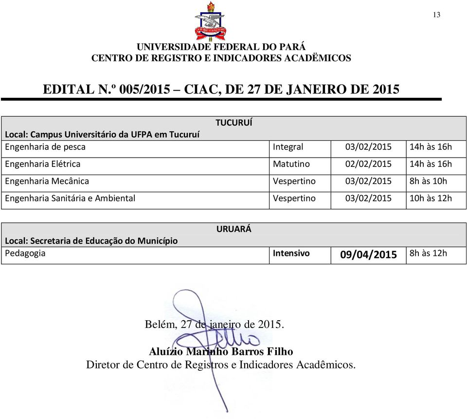 Ambiental Vespertino 03/02/2015 10h às 12h URUARÁ Local: Secretaria de Educação do Município Pedagogia Intensivo