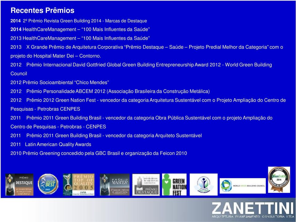 2012 Prêmio Internacional David Gottfried Global Green Building Entrepreneurship Award 2012 - World Green Building Council 2012 Prêmio Socioambiental Chico Mendes 2012 Prêmio Personalidade ABCEM 2012