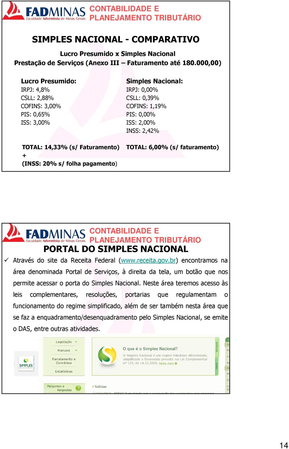 Faturamento) + (INSS: 20% s/ folha pagamento) TOTAL: 6,00% (s/ faturamento) PORTAL DO SIMPLES NACIONAL Através do site da Receita Federal (www.receita.gov.