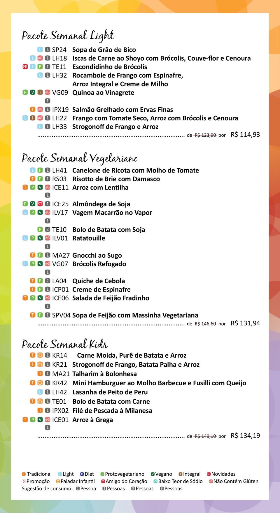 .. de R$ 123,90 por R$ 114,93 Pacote Semanal Vegetariano LH41 Canelone de Ricota com Molho de Tomate RS03 Risotto de Brie com Damasco ICE11 Arroz com Lentilha ICE25 Almôndega de Soja ILV17 Vagem