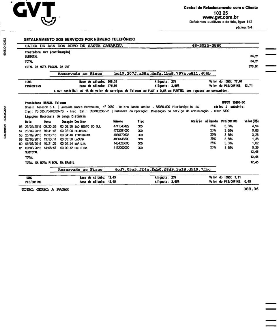 br Deficientes auditivos e de fala, ligue 142 pagina: 3/4 DETALHAMENTO DOS SERVIÇOS POR NUMERO TELEFONICO CAIXA DE ASS DOS ADVD DE SANTA CATARINA 48-3025-3860 Prestadora GVT (continuação) SUBTOTAL