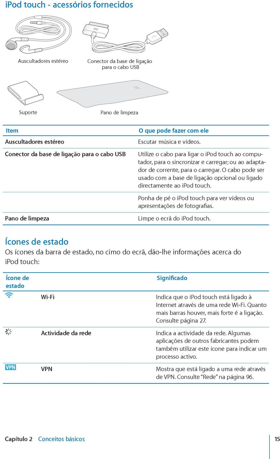 O cabo pode ser usado com a base de ligação opcional ou ligado directamente ao ipod touch. Ponha de pé o ipod touch para ver vídeos ou apresentações de fotografias. Limpe o ecrã do ipod touch.