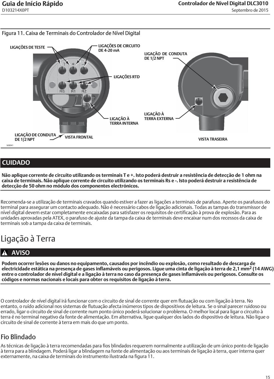 DE CONDUTA DE 1/2 NPT VISTA FRONTAL VISTA TRASEIRA W8041 CUIDADO Não aplique corrente de circuito utilizando os terminais T e +.