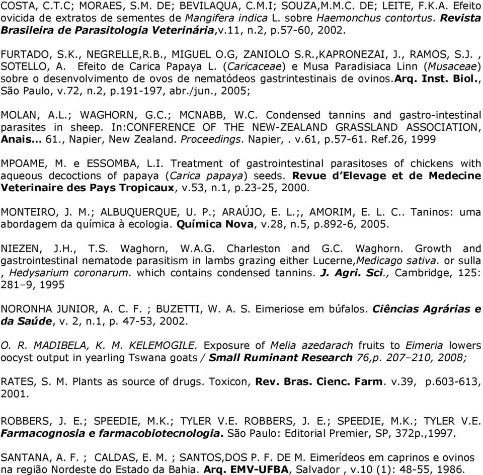 (Caricaceae) e Musa Paradisiaca Linn (Musaceae) sobre o desenvolvimento de ovos de nematódeos gastrintestinais de ovinos.arq. Inst. Biol., São Paulo, v.72, n.2, p.191-197, abr./jun., 2005; MOLAN, A.L.; WAGHORN, G.
