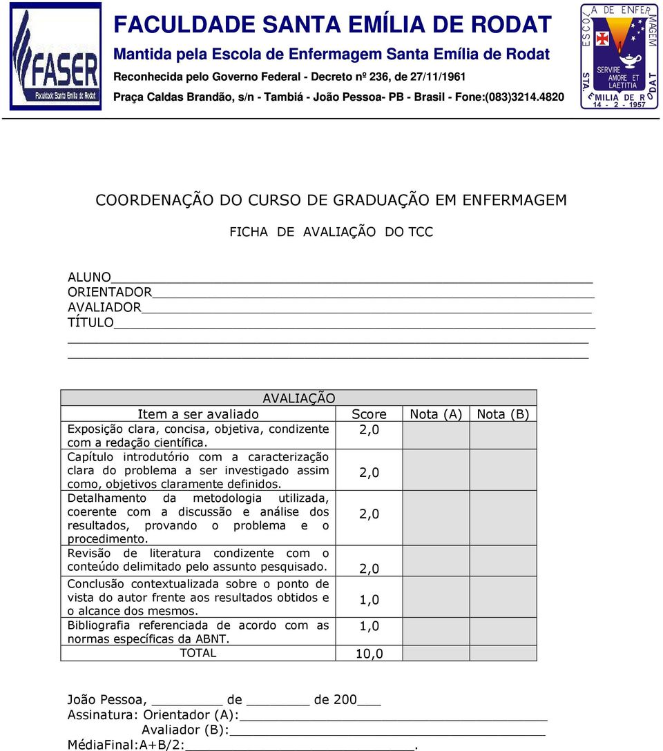 4820 COORDENAÇÃO DO CURSO DE GRADUAÇÃO EM ENFERMAGEM FICHA DE AVALIAÇÃO DO TCC ALUNO ORIENTADOR AVALIADOR TÍTULO AVALIAÇÃO Item a ser avaliado Score Nota (A) Nota (B) Exposição clara, concisa,