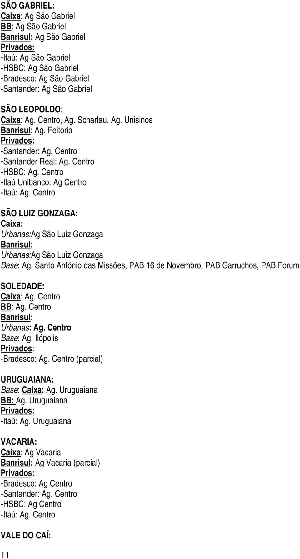 Centro SÃO LUIZ GONZAGA: Ag São Luiz Gonzaga Ag São Luiz Gonzaga Base: Ag. Santo Antônio das Missões, PAB 16 de Novembro, PAB Garruchos, PAB Forum SOLEDADE: Ag. Centro Ag. Centro Ag. Centro Base: Ag.