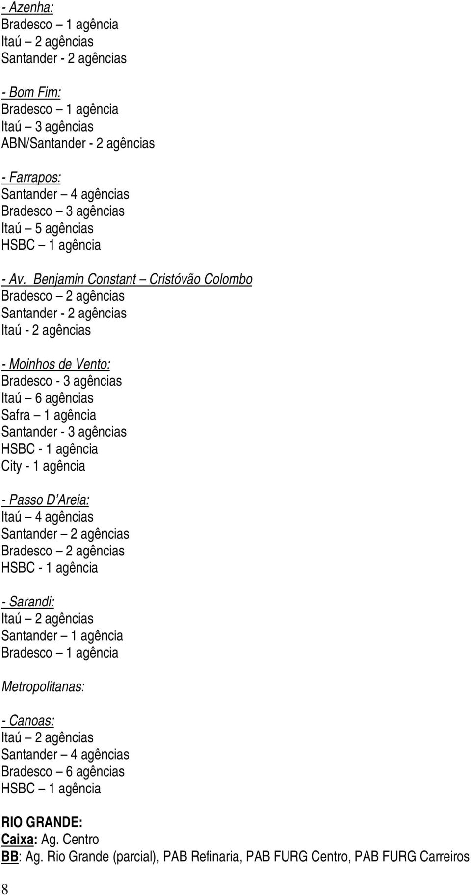 Benjamin Constant Cristóvão Colombo Bradesco 2 agências Santander - 2 agências Itaú - 2 agências - Moinhos de Vento: Bradesco - 3 agências Itaú 6 agências Safra 1 agência Santander - 3 agências HSBC