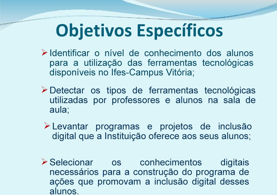 na sala de aula; Levantar programas e projetos de inclusão digital que a Instituição oferece aos seus alunos;