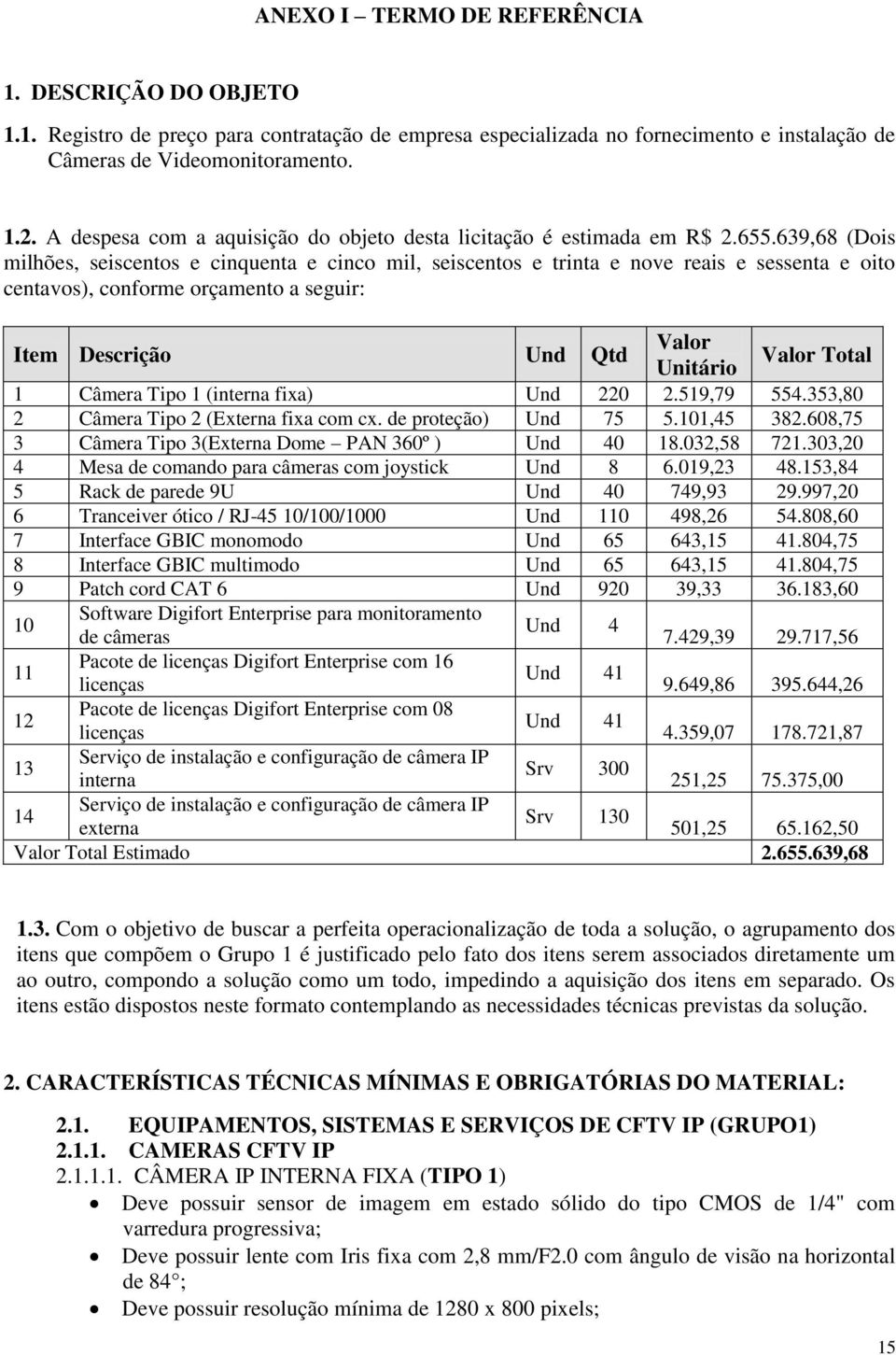 639,68 (Dois milhões, seiscentos e cinquenta e cinco mil, seiscentos e trinta e nove reais e sessenta e oito centavos), conforme orçamento a seguir: Item Descrição Und Qtd Valor Unitário Valor Total