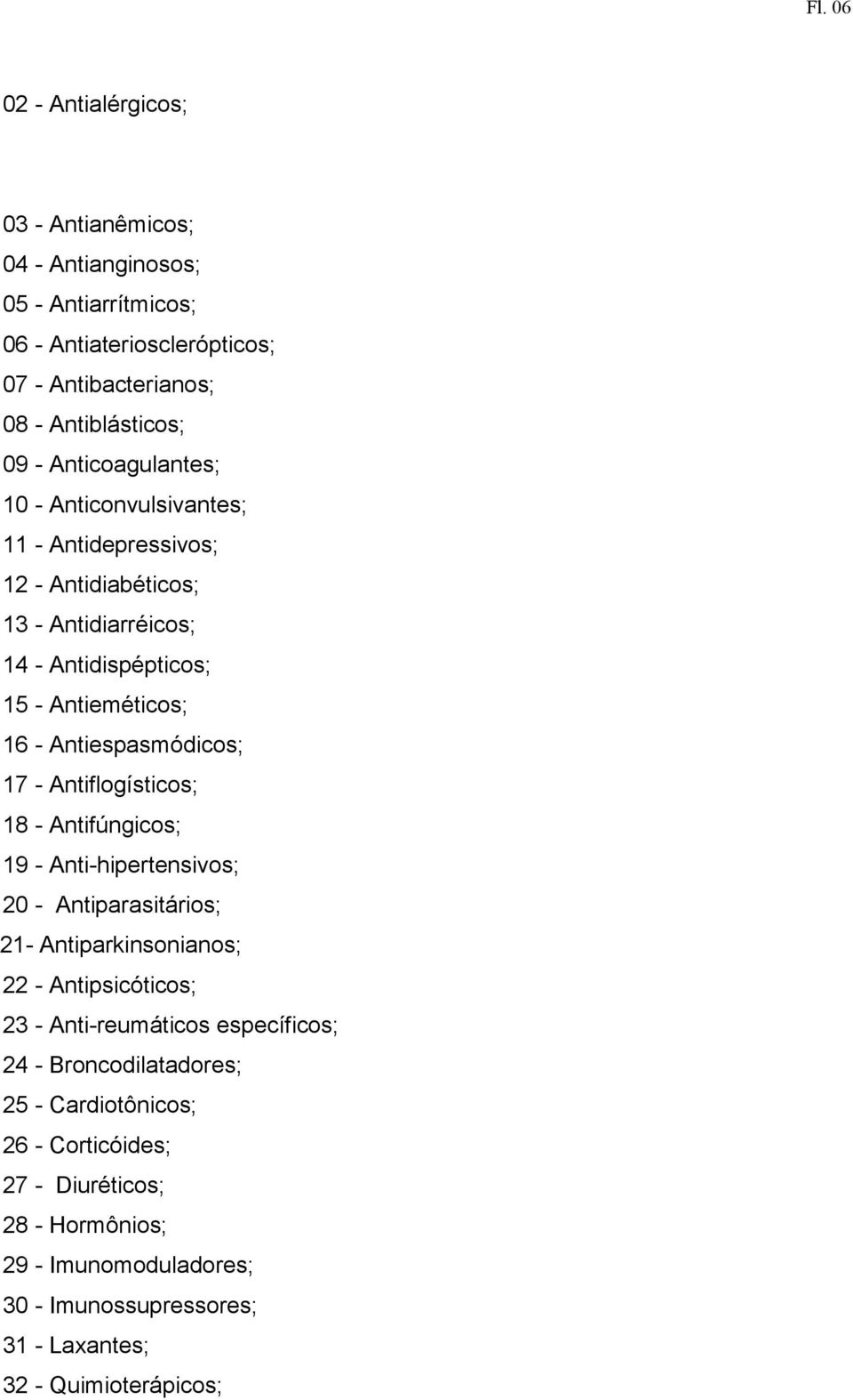 17 - Antiflogísticos; 18 - Antifúngicos; 19 - Anti-hipertensivos; 20 - Antiparasitários; 21- Antiparkinsonianos; 22 - Antipsicóticos; 23 - Anti-reumáticos específicos;