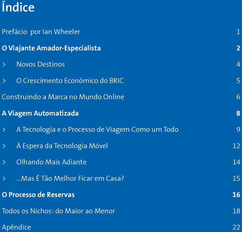 Processo de Viagem Como um Todo 9 > À Espera da Tecnologia Móvel 12 > Olhando Mais Adiante 14 > Mas É