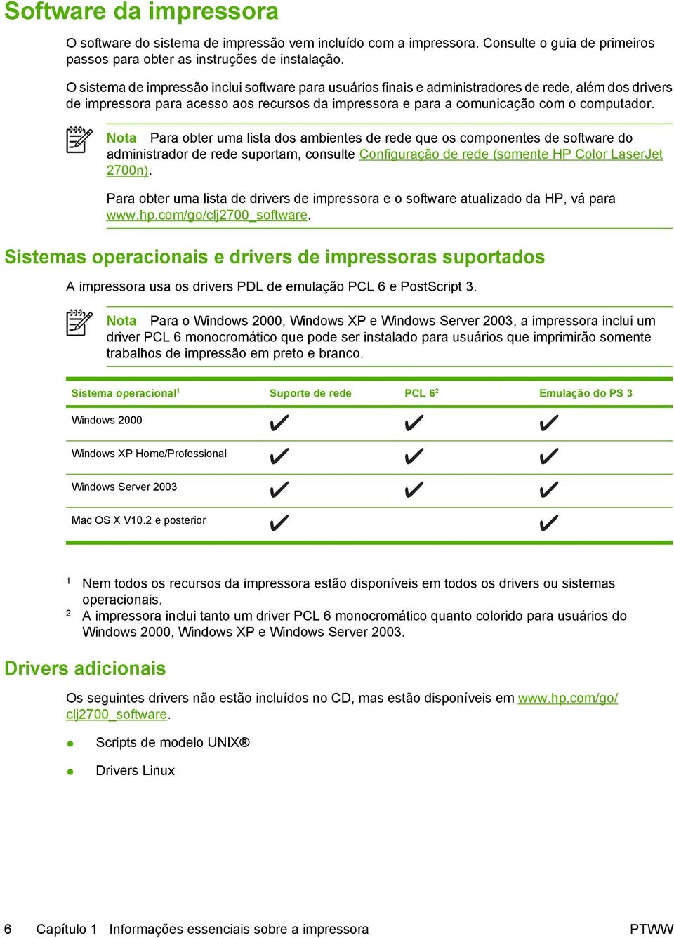 Nota Para obter uma lista dos ambientes de rede que os componentes de software do administrador de rede suportam, consulte Configuração de rede (somente HP Color LaserJet 2700n).