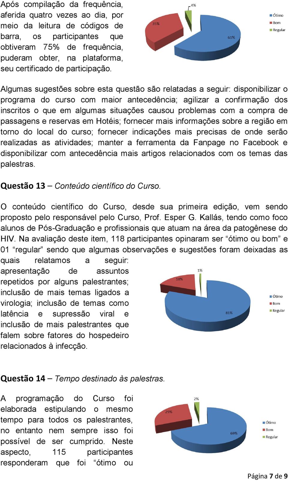 Algumas sugestões sobre esta questão são relatadas a seguir: disponibilizar o programa do curso com maior antecedência; agilizar a confirmação dos inscritos o que em algumas situações causou