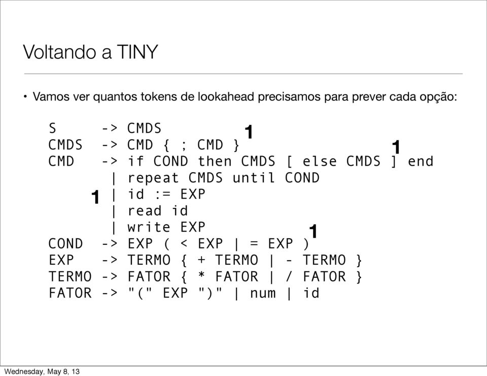 until COND id := EXP read id write EXP COND -> EXP ( < EXP = EXP ) EXP -> TERMO { + TERMO