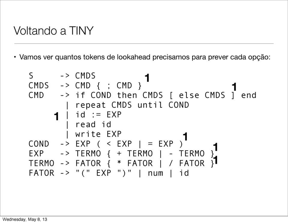 until COND id := EXP read id write EXP COND -> EXP ( < EXP = EXP ) EXP -> TERMO { + TERMO