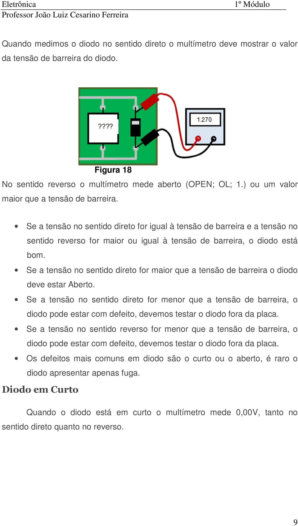 Se a tensão no sentido direto for maior que a tensão de barreira o diodo deve estar Aberto.