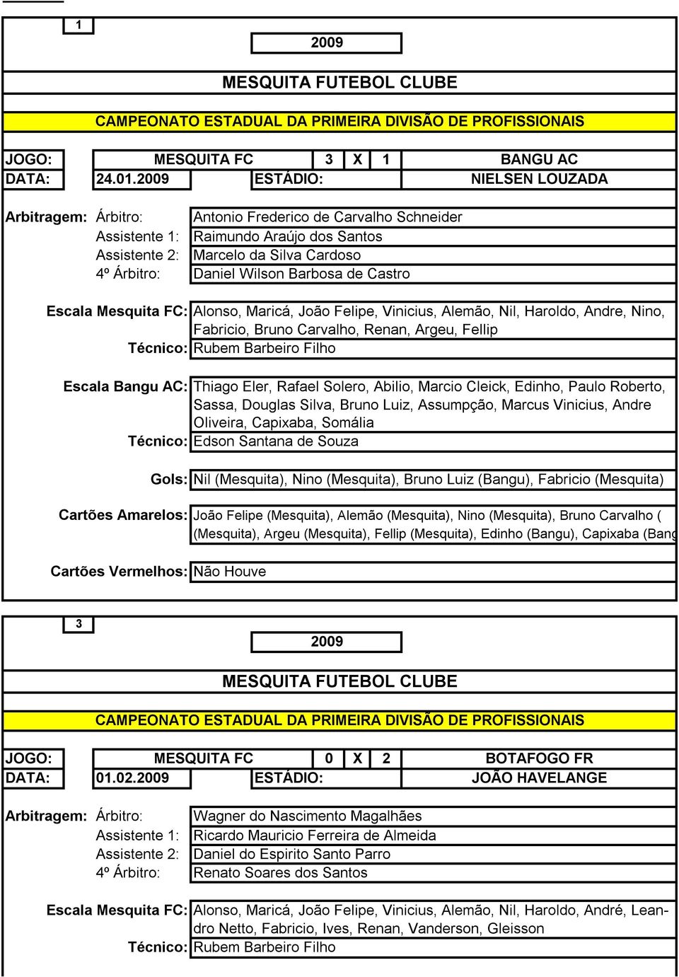 Nil, Haroldo, Andre, Nino, Fabricio, Bruno Carvalho, Renan, Argeu, Fellip Escala Bangu AC: Thiago Eler, Rafael Solero, Abilio, Marcio Cleick, Edinho, Paulo Roberto, Sassa, Douglas Silva, Bruno Luiz,