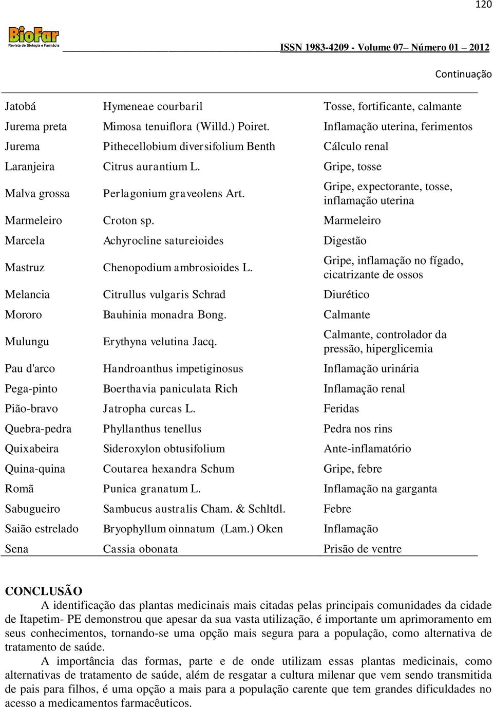 Marmeleiro Marcela Achyrocline satureioides Digestão Mastruz Chenopodium ambrosioides L. Melancia Citrullus vulgaris Schrad Diurético Mororo Bauhinia monadra Bong.