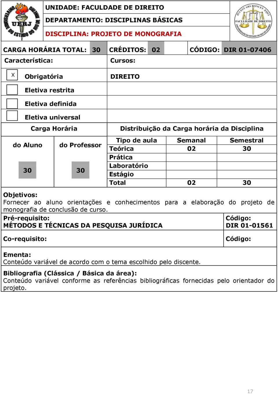 MÉTODOS E TÉCNICAS DA PESQUISA JURÍDICA DIR 01-01561 Conteúdo variável de acordo com o tema escolhido