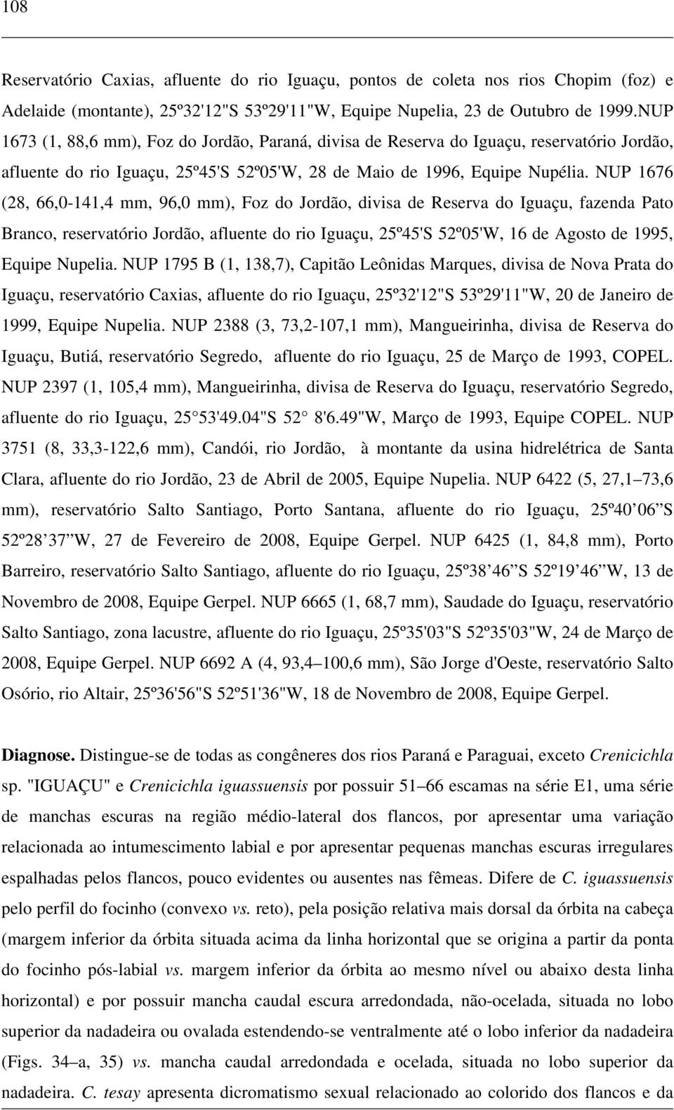 NUP 1676 (28, 66,0-141,4 mm, 96,0 mm), Foz do Jordão, divisa de Reserva do Iguaçu, fazenda Pato Branco, reservatório Jordão, afluente do rio Iguaçu, 25º45'S 52º05'W, 16 de Agosto de 1995, Equipe